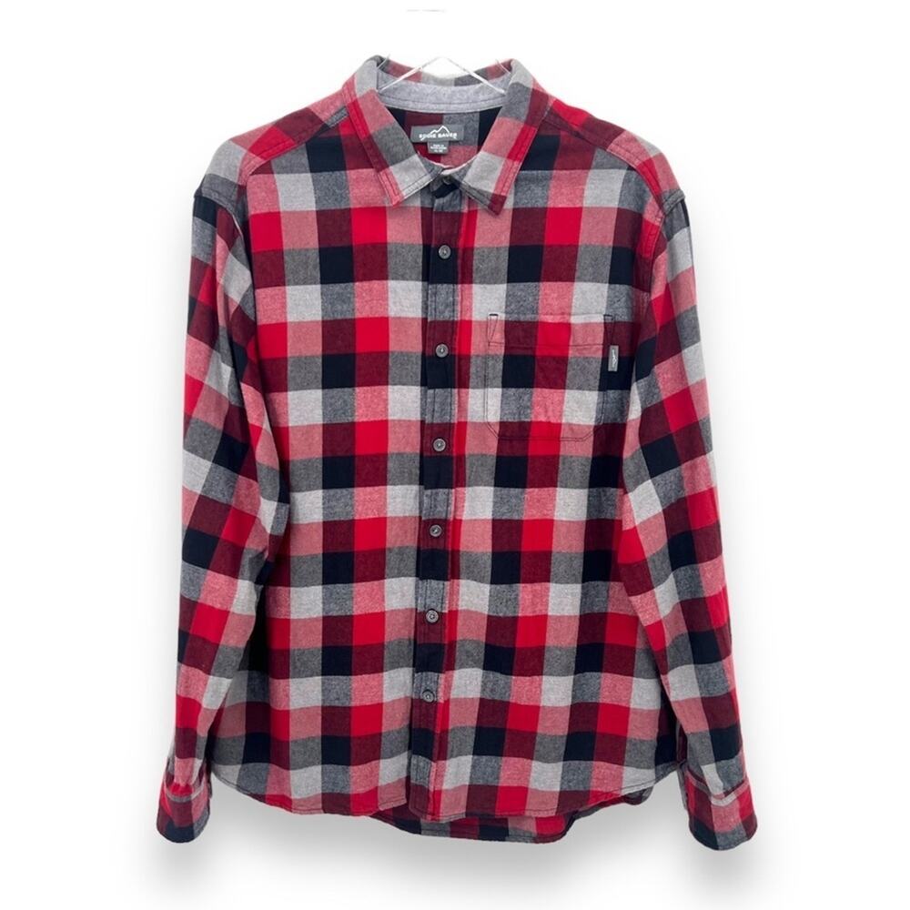 Eddie Bauer red plaid flannel button front long sleeve shirt pocket XL men's